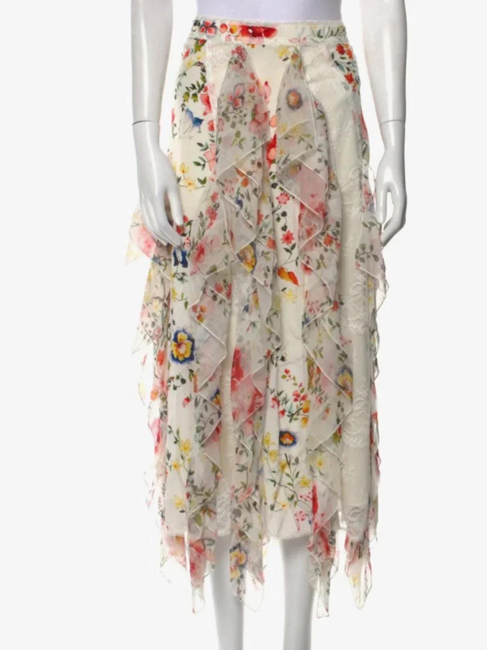 Alice + Olivia  Yula Lace Godet Silk Midi Length Skirt  White | Size: XS | US 2 - Picture 2 of 3
